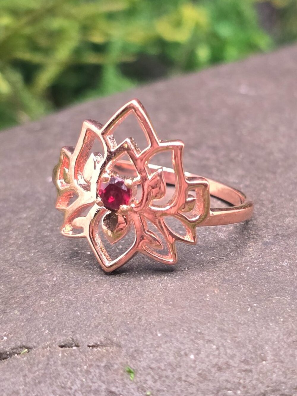 Garnet Copper Lotus Flower Ring Size 7 Red Gemstone Jewelry